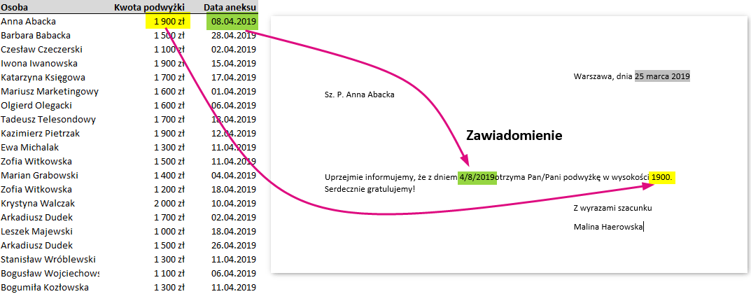 Błędny format daty i liczby w korespondencji seryjnej