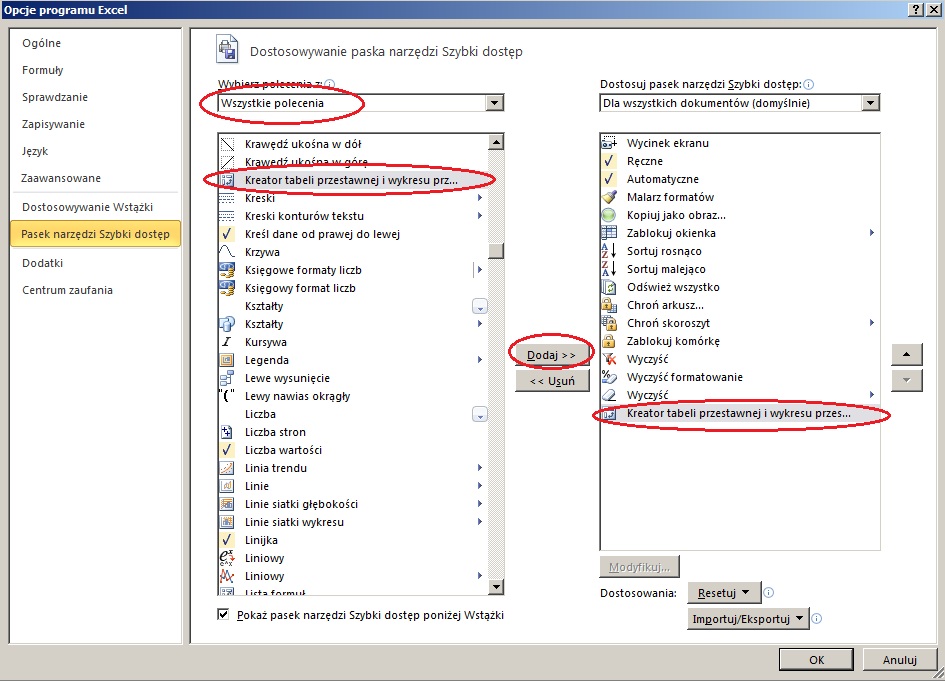 Kreator tabel przestawnych z Excela 2003 - menu paska szybki dostęp