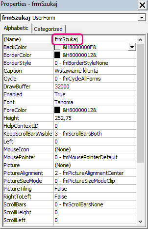 Nazywanie formularza
