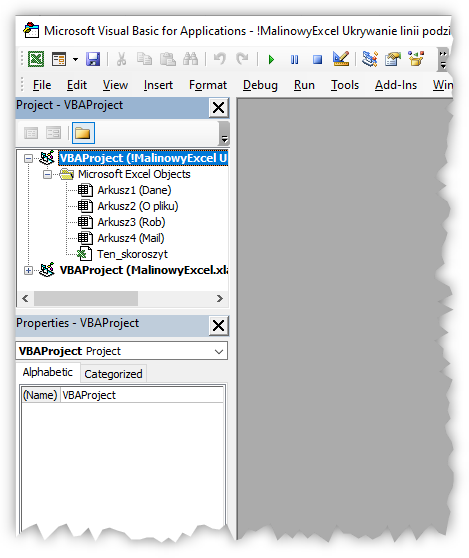 okienko VBE w programie Excel jako jeden ze sposobów na ukrycie linii podziału stron